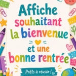 Affiche de rentrée colorée accueillant les enfants pour le retour à l'école