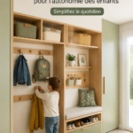 Aménagement d'entrée fonctionnel pour enfants avec espaces de rangement et décoration sereine.