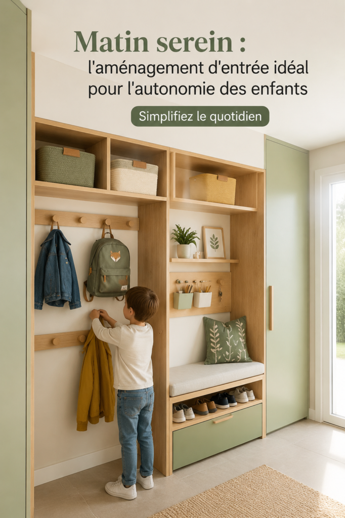 Aménagement d'entrée fonctionnel pour enfants avec espaces de rangement et décoration sereine.