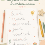 Un enfant pratiquant l'écriture cursive des jours de la semaine sur une fiche éducative.