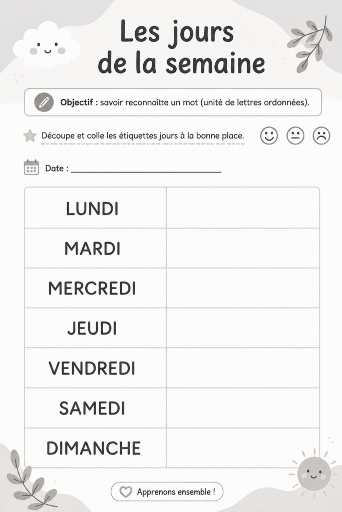 Une illustration des jours de la semaine en français sur un tableau