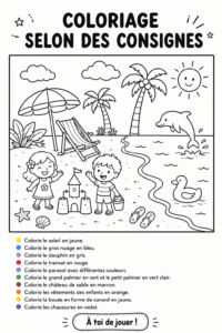 Une image montrant plusieurs pages de coloriage avec des consignes représentées graphiquement.