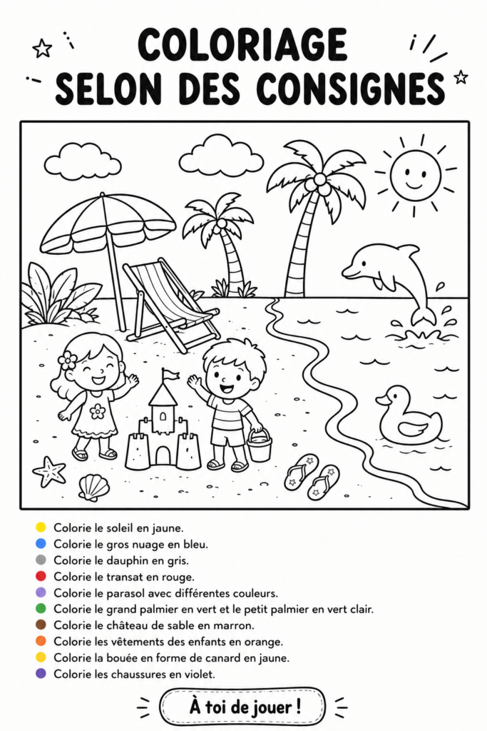 Une image montrant plusieurs pages de coloriage avec des consignes représentées graphiquement.
