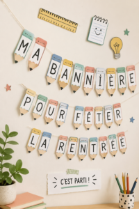 Bannière colorée pour célébrer la rentrée scolaire avec des éléments festifs.
