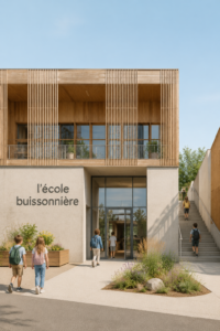 Vue extérieure de l'école buissonnière conçue par Rue Royale Architectes