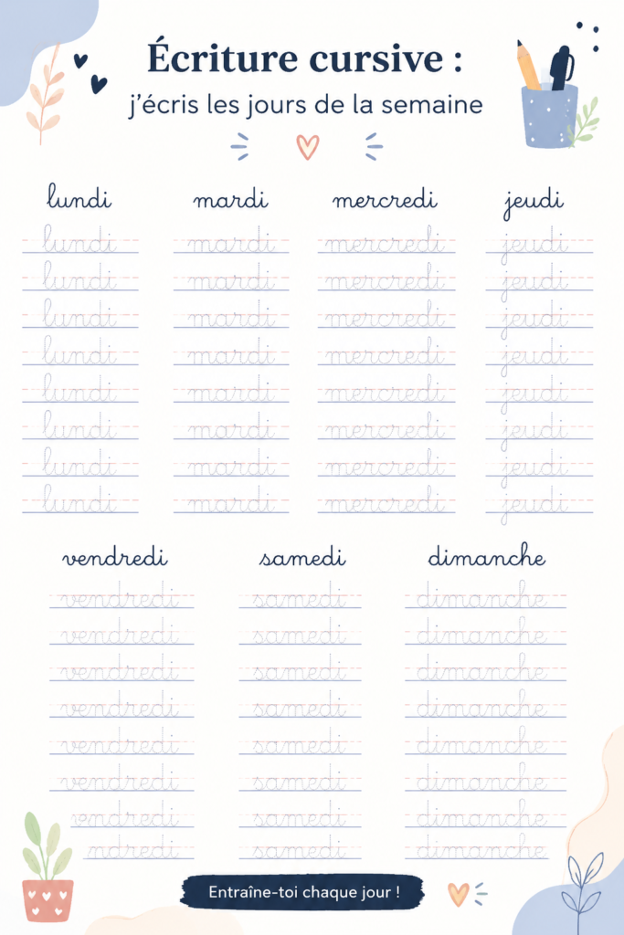 Écriture cursive montrant les jours de la semaine