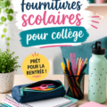 Fournitures scolaires organisées sur un bureau, incluant cahiers, stylos et autres accessoires scolaires