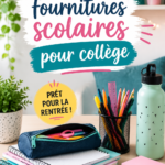 Fournitures scolaires organisées sur un bureau, incluant cahiers, stylos et autres accessoires scolaires