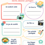 Modèle de journal souvenir à télécharger, présente des pages colorées pour écrire et dessiner.