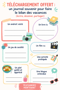 Modèle de journal souvenir à télécharger, présente des pages colorées pour écrire et dessiner.