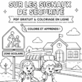 Une page à colorier montrant différents panneaux de sécurité pour enfants.