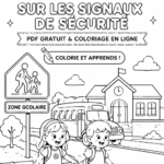 Une page à colorier montrant différents panneaux de sécurité pour enfants.