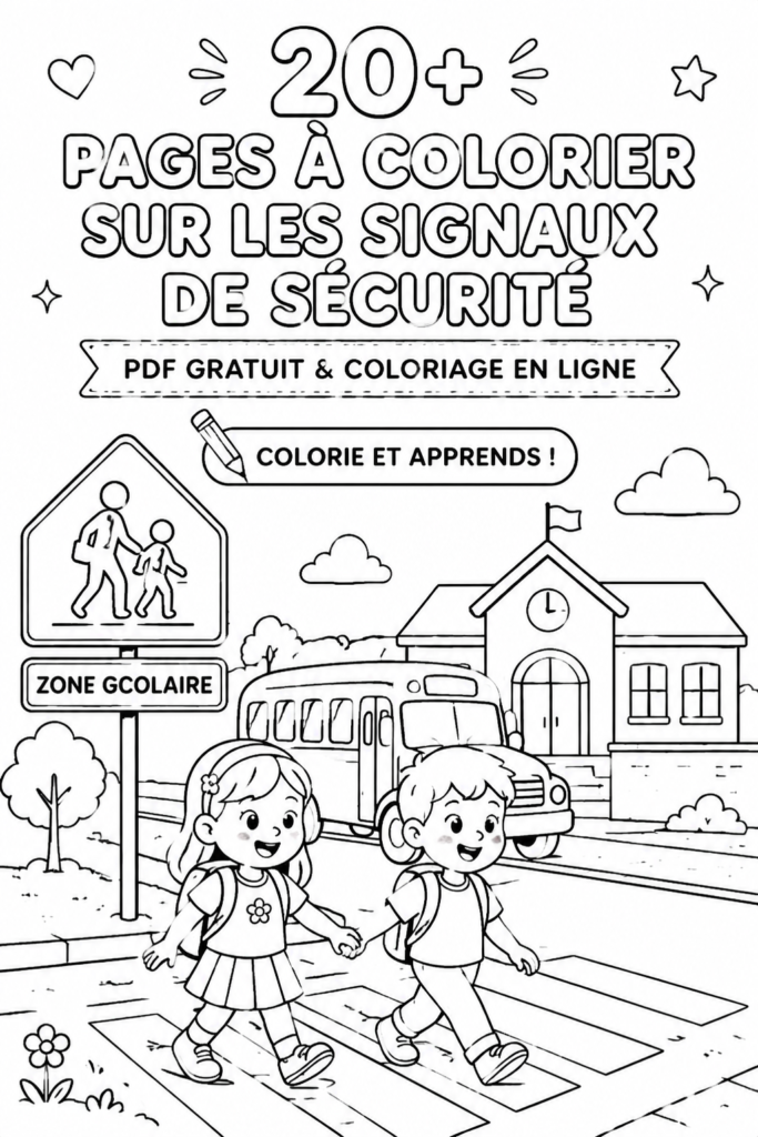 Une page à colorier montrant différents panneaux de sécurité pour enfants.