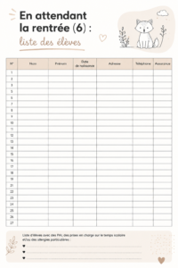 Image montrant une liste d'élèves bien organisée sur un bureau avec des fournitures scolaires.