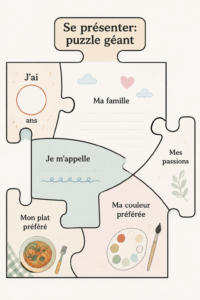 Un groupe de personnes utilisant un puzzle géant pour se présenter lors d'un événement.