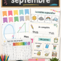 Une illustration colorée représentant des éléments de rentrée en septembre, comme des cahiers, des stylos et un calendrier.