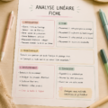 Illustration d'une fiche d'analyse linéaire en littérature, avec des notes et extraits textuels.