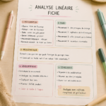 Illustration d'une fiche d'analyse linéaire en littérature, avec des notes et extraits textuels.