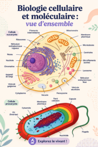 Illustration représentant une cellule avec ses composants principaux en biologie cellulaire.