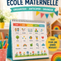 Calendrier scolaire illustré pour les écoles maternelles avec des couleurs vives et des illustrations éducatives.
