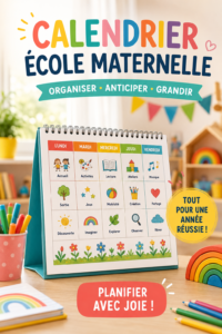 Calendrier scolaire illustré pour les écoles maternelles avec des couleurs vives et des illustrations éducatives.