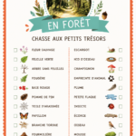 Une famille accompagne des enfants en forêt à la recherche de trésors cachés, illustrant une chasse aux trésors en nature.