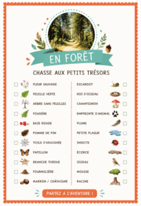 Une famille accompagne des enfants en forêt à la recherche de trésors cachés, illustrant une chasse aux trésors en nature.