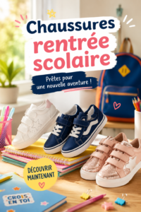 Sélection de chaussures pour la rentrée scolaire, incluant différents styles adaptés aux enfants.