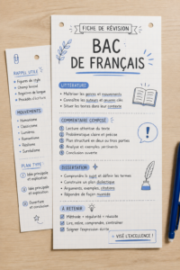 Fiches de révision pour le BAC de Français avec des notes structurées et claires.