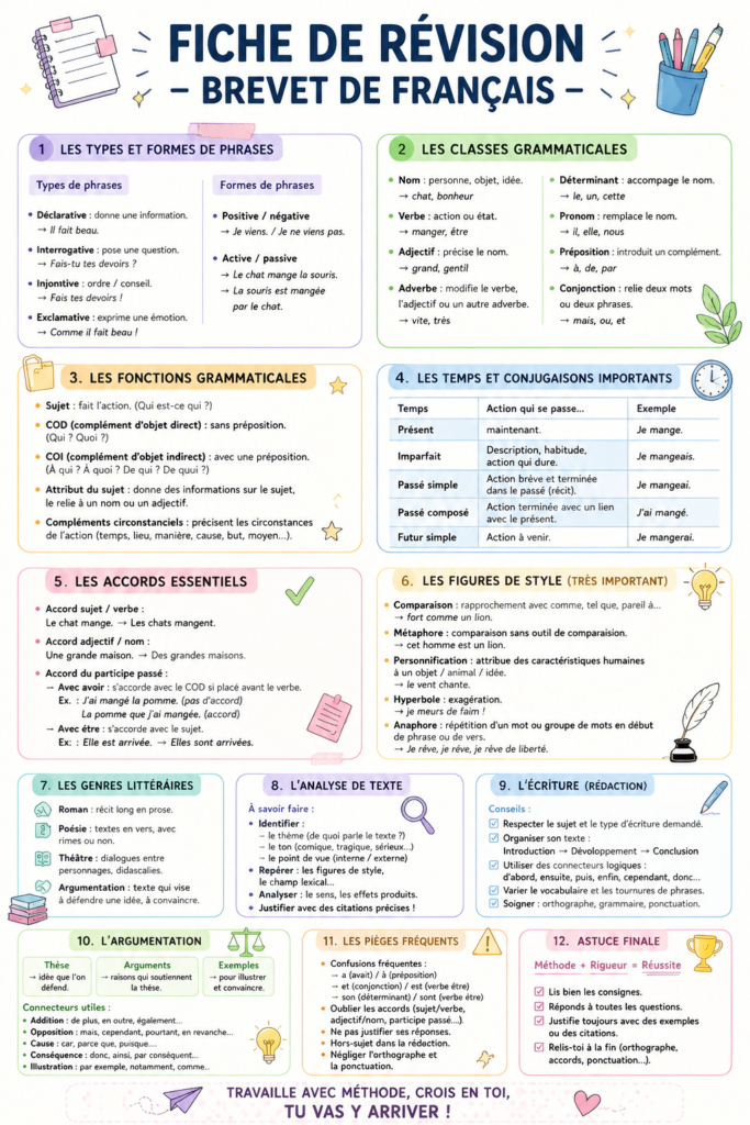Fiche de révision pour le Brevet de Français sur un bureau avec des fournitures scolaires