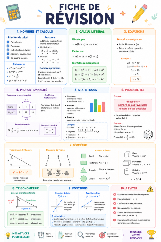 Fiche de révision pour le brevet de maths, présentant des concepts clés et des formules importantes.