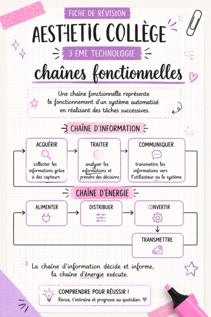 Fiche de révision sur les chaînes fonctionnelles en technologie pour les élèves de 3ème.