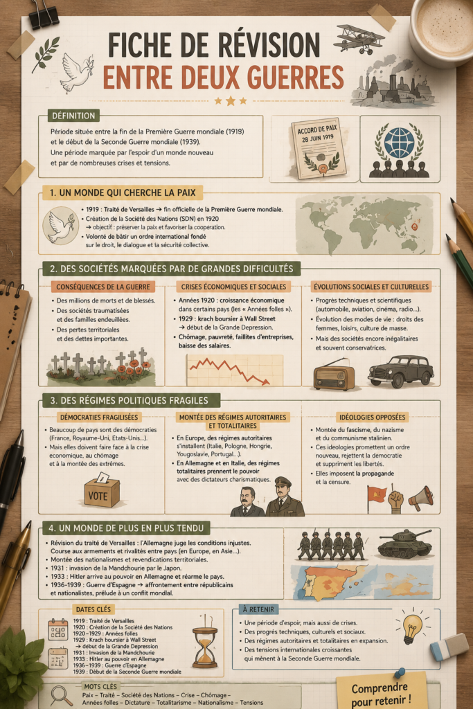 Fiche de révision illustrant la période entre les deux guerres mondiales