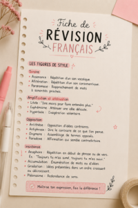 Fiche de révision en français sur un bureau avec stylos et livres