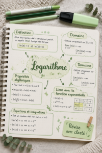 Fiche de révision en carte mentale sur les logarithmes, bien structurée et colorée.