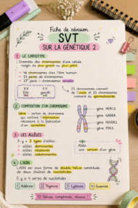 Fiche de révision SVT sur la génétique présentée sur un bureau