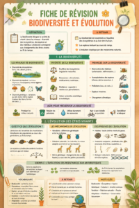 Fiches de révision sur la biodiversité et l'évolution sur un bureau d'études.