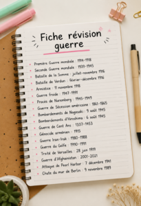 Fiche de révision sur des thèmes de guerre, illustrée avec des notes et des schémas
