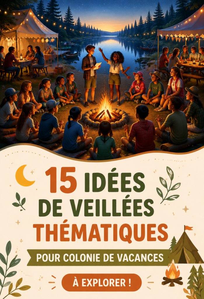 Des enfants profitent d'une veillée thématique autour d'un feu de camp durant une colonie de vacances.