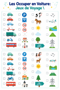 Des enfants groupés autour de leurs parents dans une voiture jouant à des jeux de voyage.