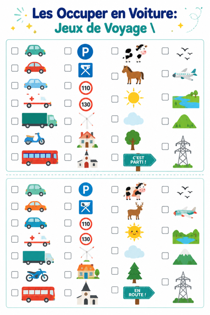 Des enfants groupés autour de leurs parents dans une voiture jouant à des jeux de voyage.