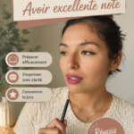 Étudiant se préparant à un oral de français avec des notes et un ordinateur.