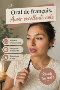 Étudiant se préparant à un oral de français avec des notes et un ordinateur.