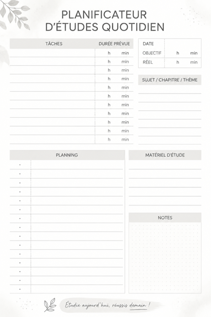 Un planner d'études ouvert avec des notes organisées et des encadrés colorés