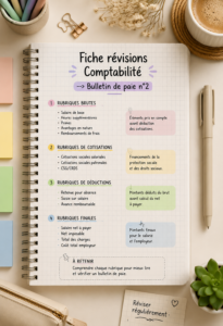 Fiche de révision sur le bulletin de paie n°2 en comptabilité avec des notes et des graphiques.