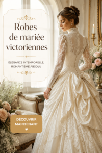 Un mannequin portant une robe de mariée victorienne avec corset et jupes bouffantes, montrant l'élégance intemporelle.