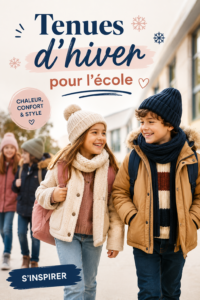 Un montage de tenues d'hiver pour l'école, incluant des pulls, manteaux et accessoires