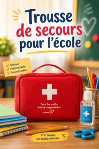 Trousse de secours pour l'école avec fournitures variées.