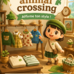 Un mannequin portant une tenue inspirée d'Animal Crossing avec des motifs colorés.