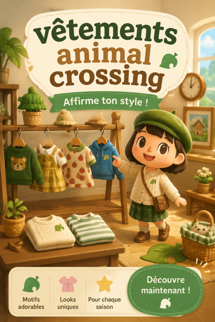 Un mannequin portant une tenue inspirée d'Animal Crossing avec des motifs colorés.